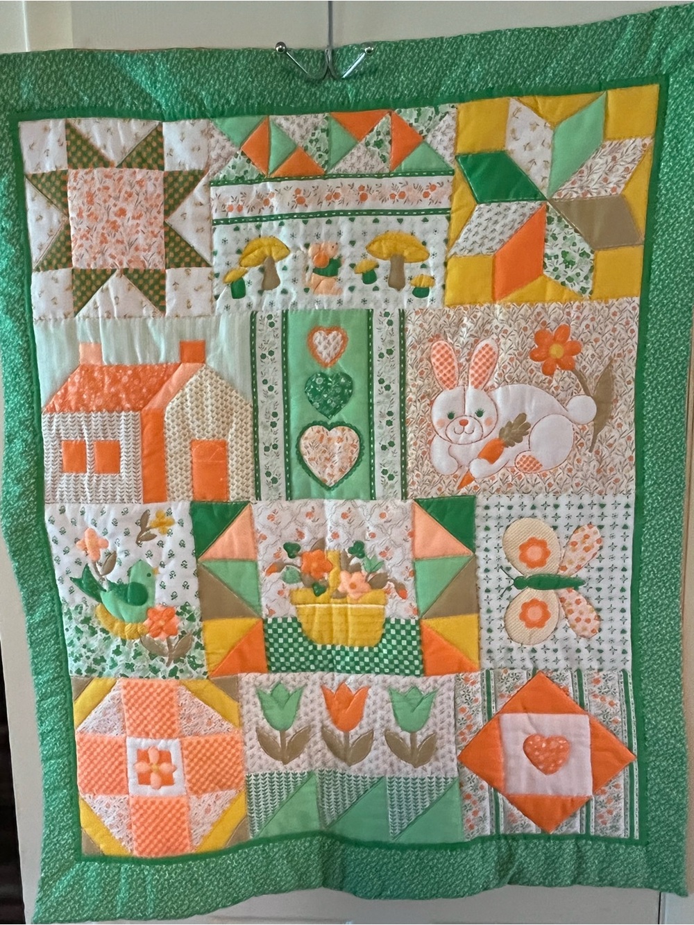 Handmade Green and Orange Patchwork Quilted Baby Throw